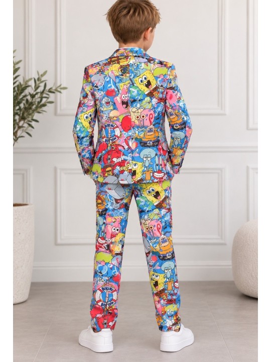 OPPOSUITS KOLOROWY GARNITUR DLA CHŁOPCA SPONGEBOB FRENZY 3-CZĘŚCIOWY MARYNARKA , SPODNIE I KRAWAT OSBO-1015