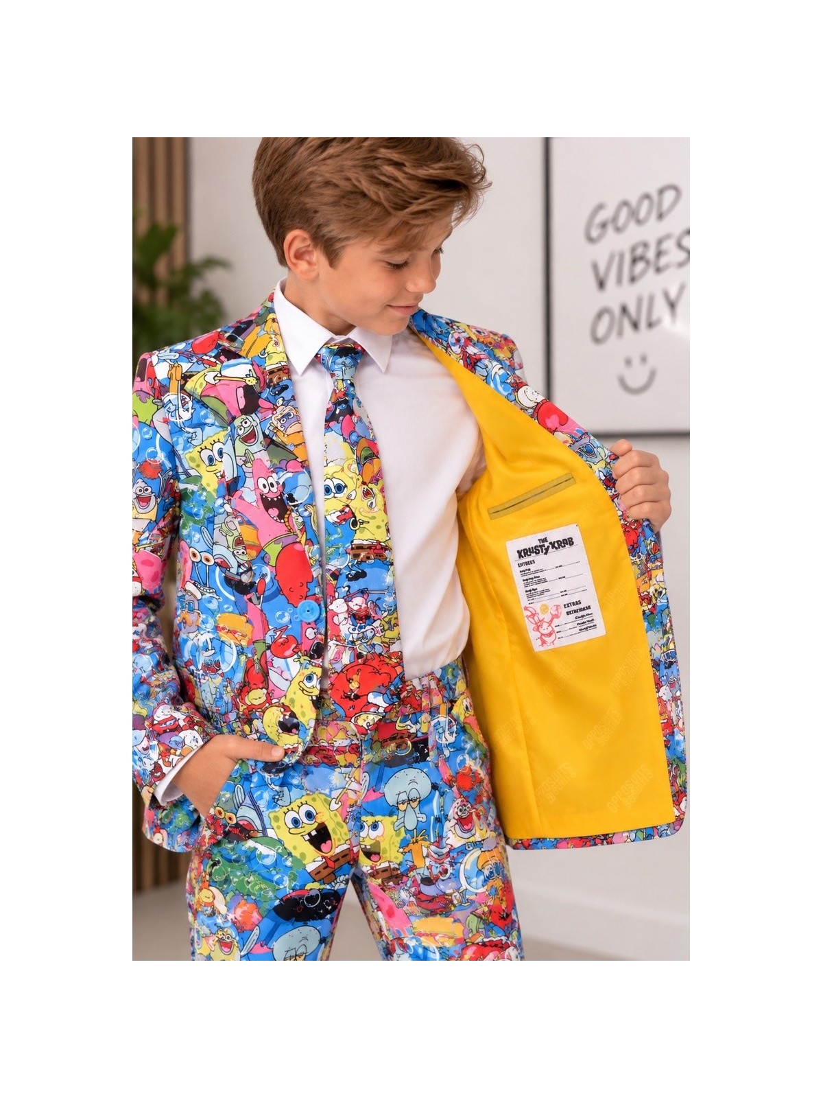 OPPOSUITS KOLOROWY GARNITUR DLA CHŁOPCA SPONGEBOB FRENZY 3-CZĘŚCIOWY MARYNARKA , SPODNIE I KRAWAT OSBO-1015