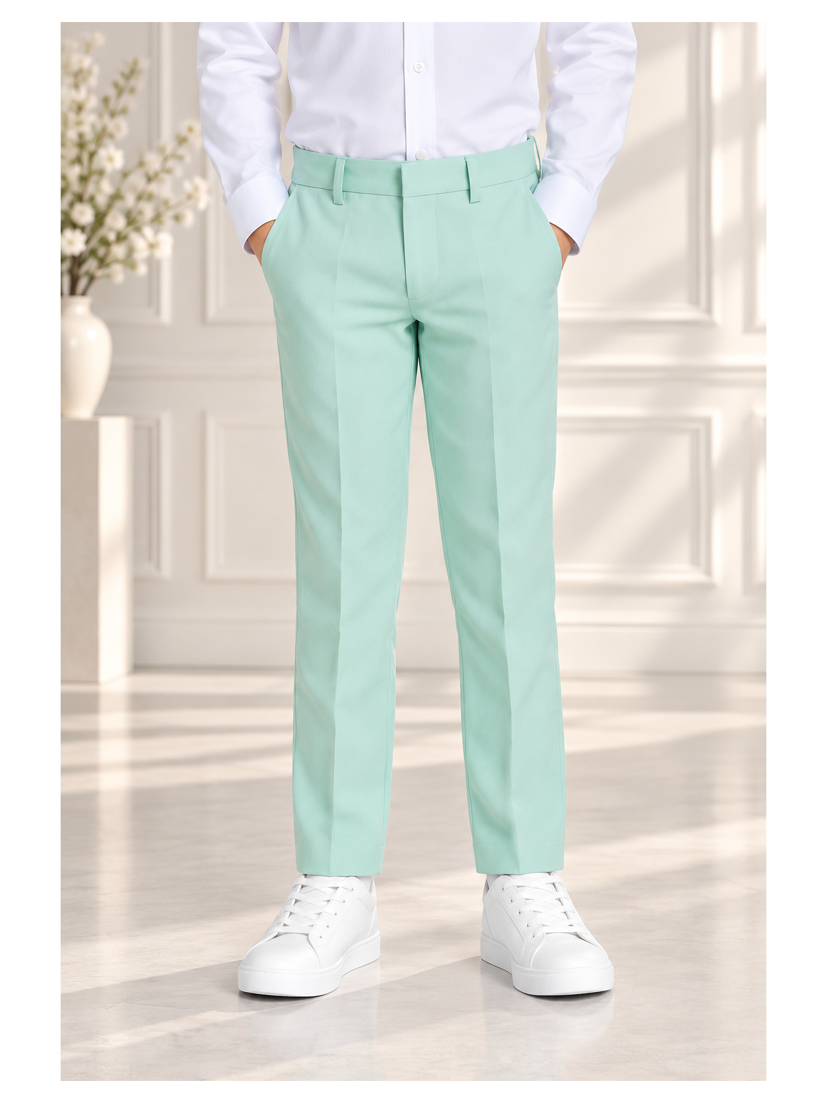 OPPOSUITS GARNITUR DLA CHŁOPCA KOLOR MIĘTOWY GŁADKI MAGIC MINT 3-CZĘŚCIOWY MARYNARKA, SPODNIE I KRAWAT OSBO-1019