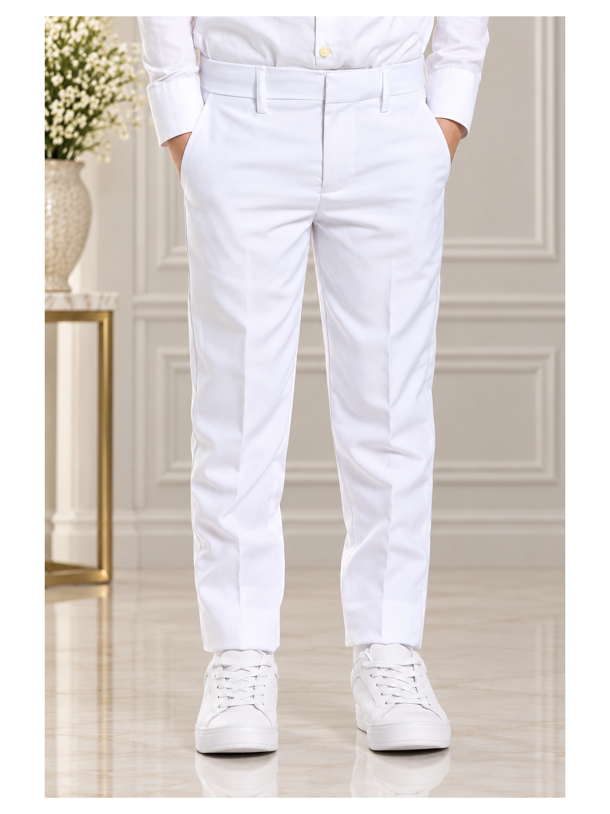 OPPOSUITS GARNITUR DLA CHŁOPCA BIAŁY GŁADKI WHITE KNIGHT 3-CZĘŚCIOWY MARYNARKA, SPODNIE I KRAWAT OSTB-0009