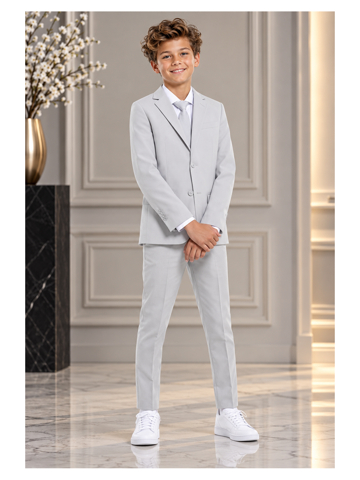 OPPOSUITS GARNITUR DLA CHŁOPCA SZARY GŁADKI  GROOVY GREY 3-CZĘŚCIOWY MARYNARKA , SPODNIE I KRAWAT OSB-0021
