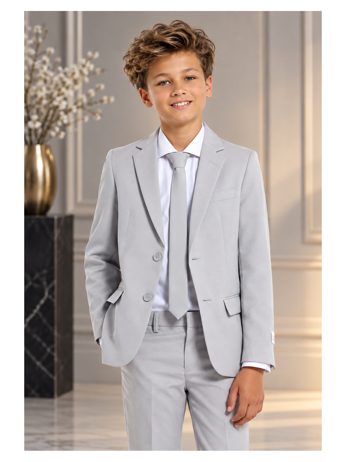 OPPOSUITS GARNITUR DLA CHŁOPCA SZARY GŁADKI  GROOVY GREY 3-CZĘŚCIOWY MARYNARKA , SPODNIE I KRAWAT OSB-0021