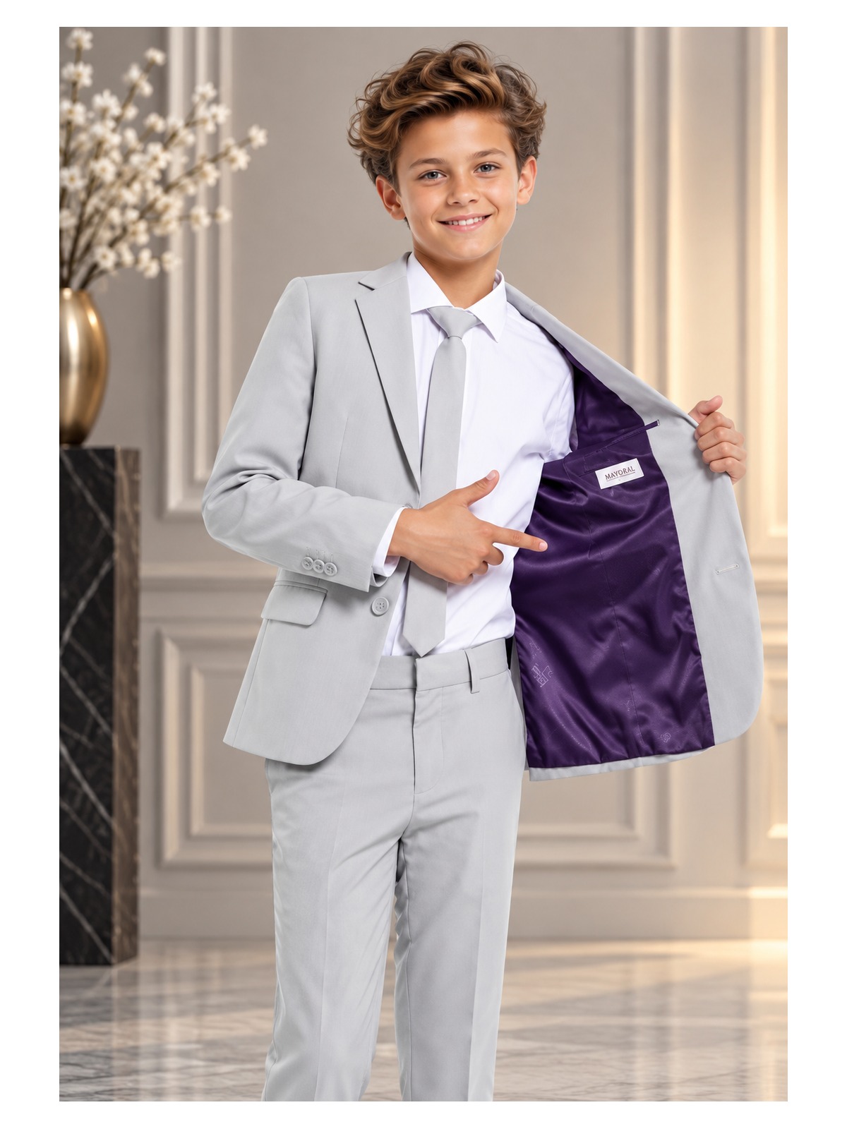 OPPOSUITS GARNITUR DLA CHŁOPCA SZARY GŁADKI  GROOVY GREY 3-CZĘŚCIOWY MARYNARKA , SPODNIE I KRAWAT OSB-0021