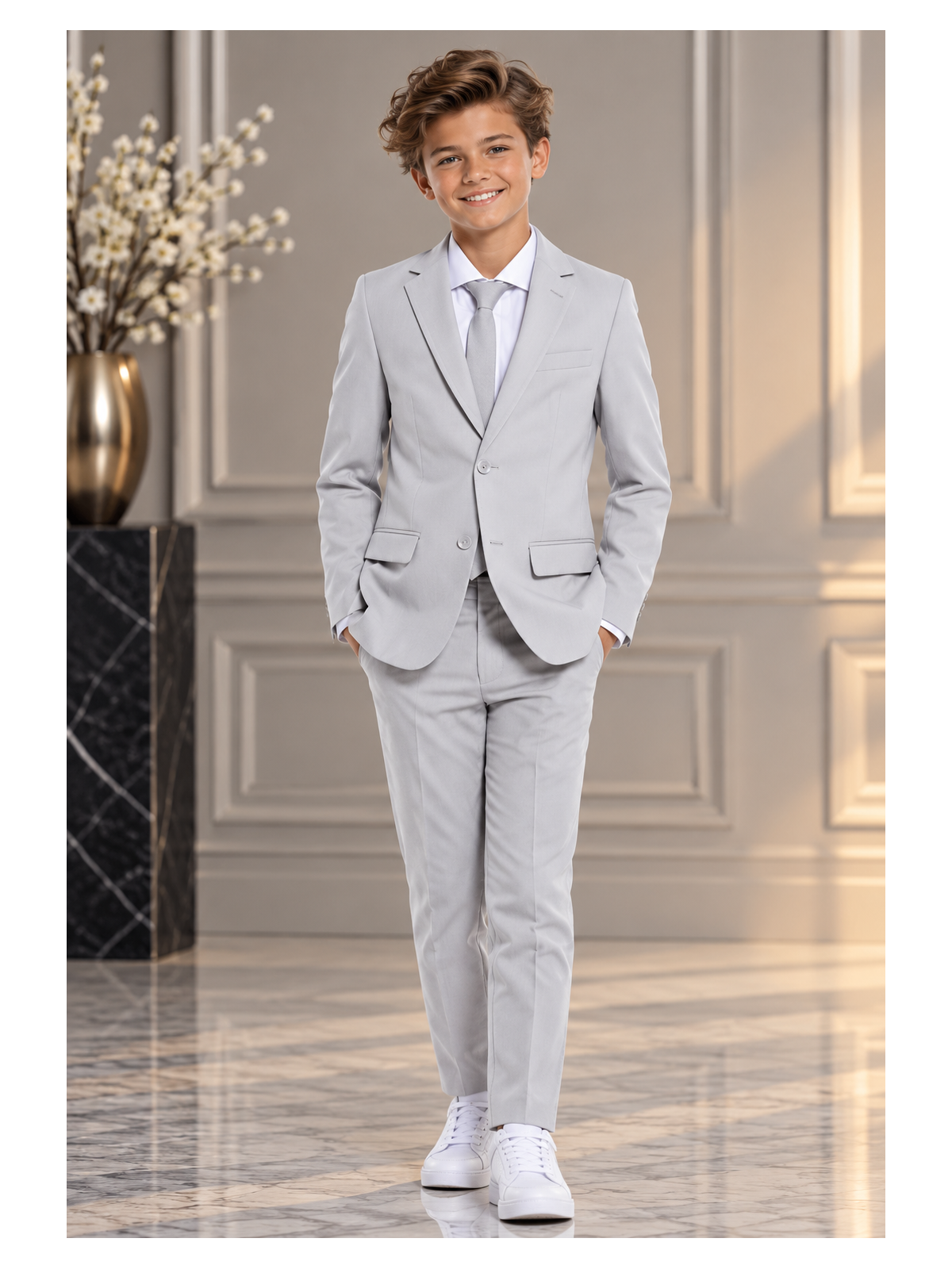 OPPOSUITS GARNITUR DLA CHŁOPCA SZARY GŁADKI  GROOVY GREY 3-CZĘŚCIOWY MARYNARKA , SPODNIE I KRAWAT OSB-0021