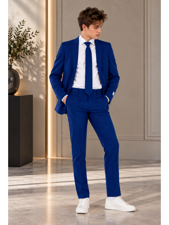OPPOSUITS GARNITUR CHŁOPIĘCY NIEBIESKI GŁADKI NAVY ROYALE 3-CZĘŚCIOWY MARYNARKA , SPODNIE I KRAWAT OSTB-0007
