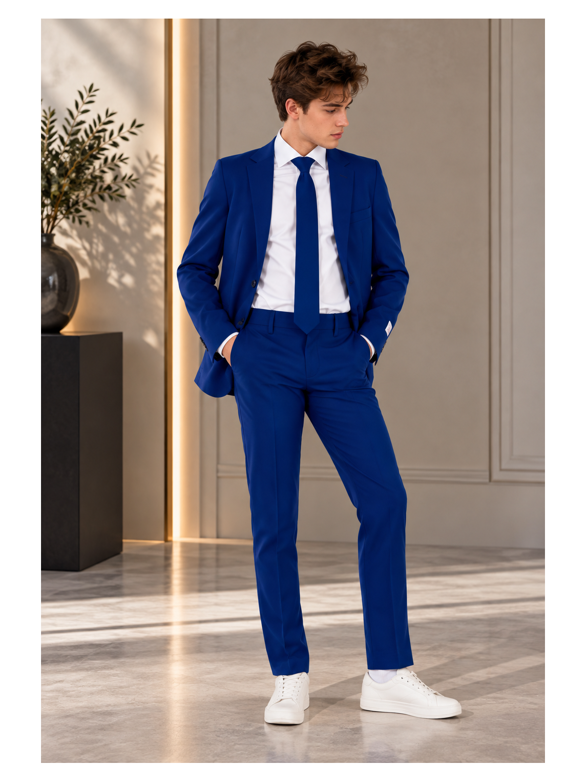 OPPOSUITS GARNITUR CHŁOPIĘCY NIEBIESKI GŁADKI NAVY ROYALE 3-CZĘŚCIOWY MARYNARKA , SPODNIE I KRAWAT OSTB-0007