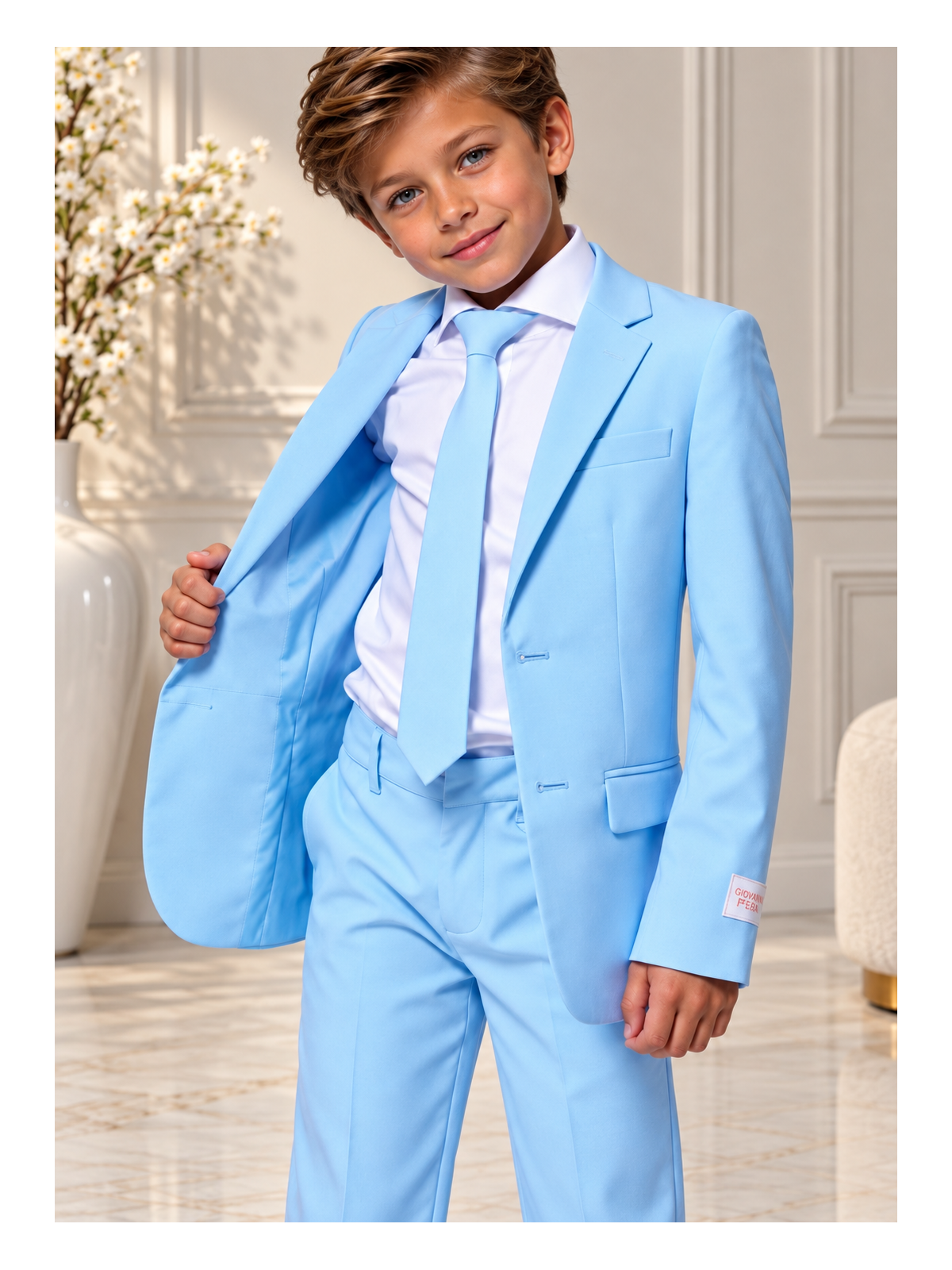 OPPOSUITS GARNITUR CHŁOPIĘCY BŁĘKITNY GŁADKI COOL BLUE 3-CZEIOWY MARYNARKA , SPODNIE I KRAWAT OSBO-1001