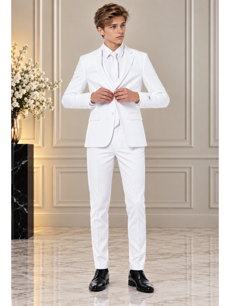OPPOSUITS GARNITUR CHŁOPIĘCY BIAŁY GŁADKI WHITE KNIGHT 3-CZĘŚCIOWY MARYNARKA , SPODNIE I KRAWAT OSTB-0009