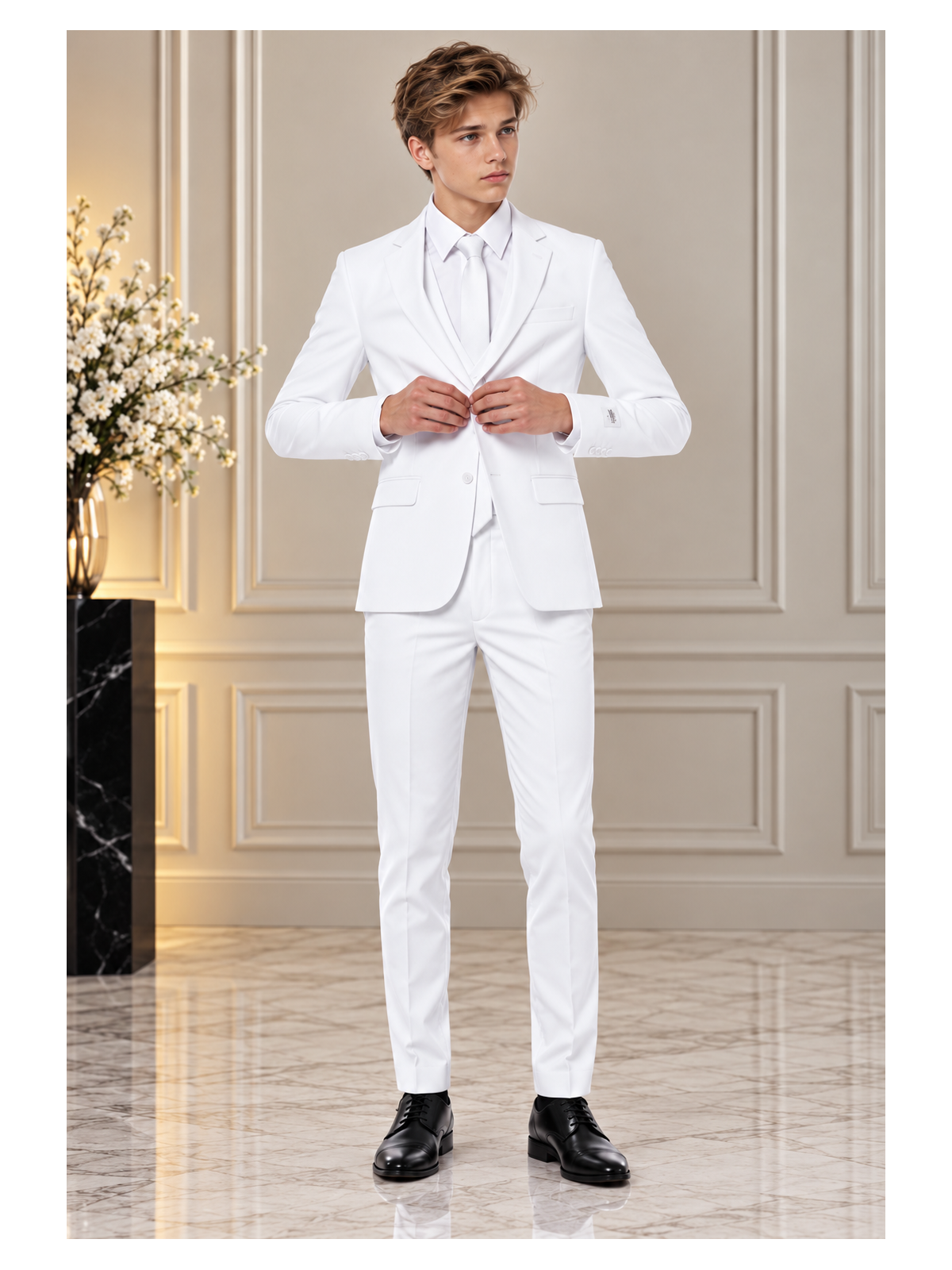 OPPOSUITS GARNITUR CHŁOPIĘCY BIAŁY GŁADKI WHITE KNIGHT 3-CZĘŚCIOWY MARYNARKA , SPODNIE I KRAWAT OSTB-0009