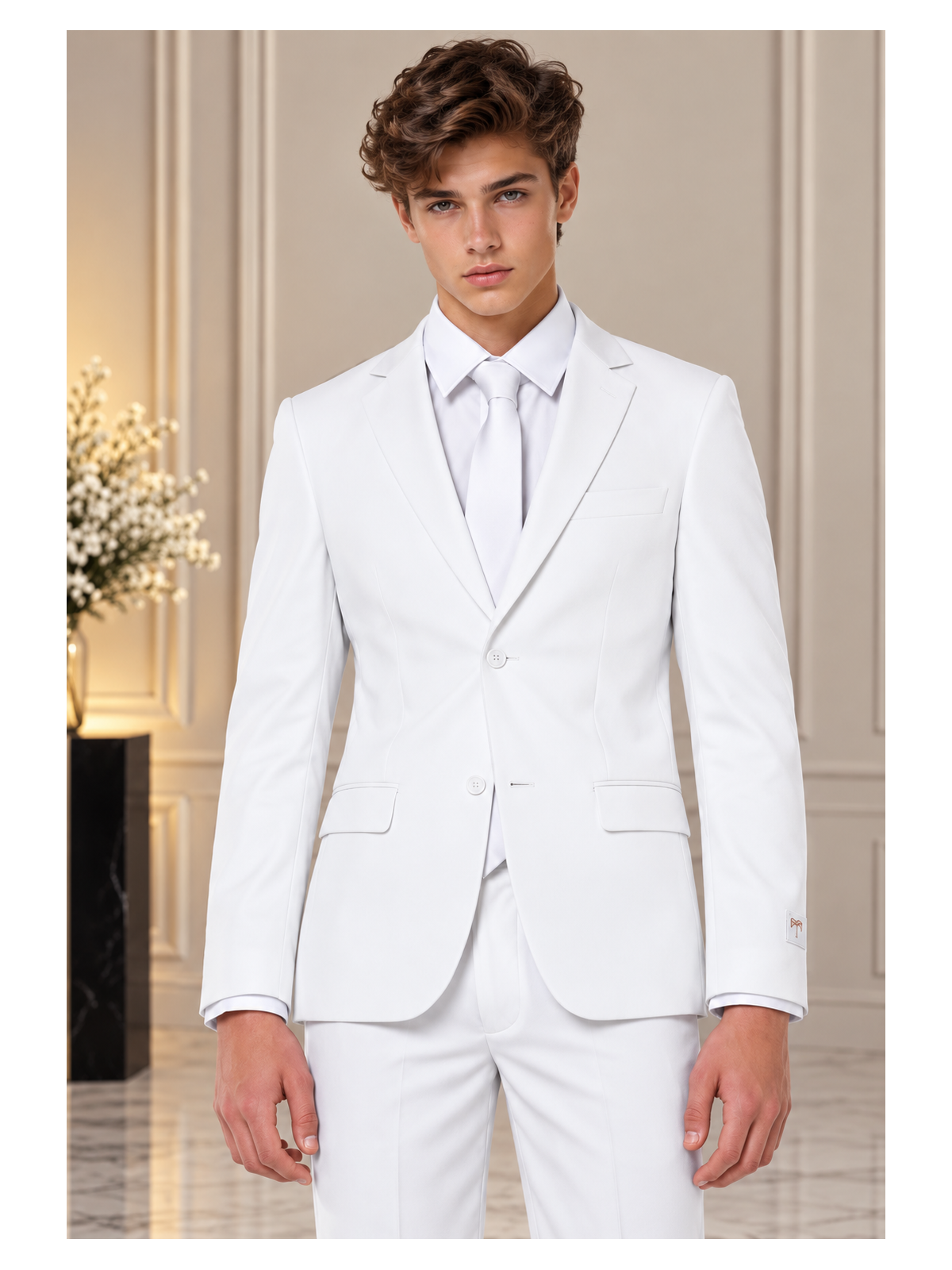 OPPOSUITS GARNITUR CHŁOPIĘCY BIAŁY GŁADKI WHITE KNIGHT 3-CZĘŚCIOWY MARYNARKA , SPODNIE I KRAWAT OSTB-0009