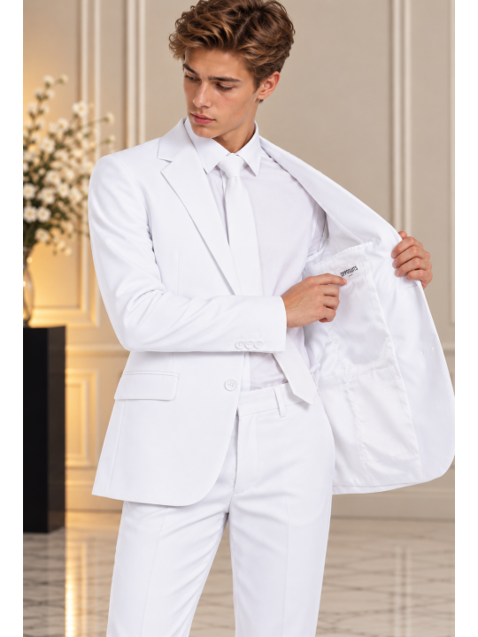 OPPOSUITS GARNITUR CHŁOPIĘCY BIAŁY GŁADKI WHITE KNIGHT 3-CZĘŚCIOWY MARYNARKA , SPODNIE I KRAWAT OSTB-0009