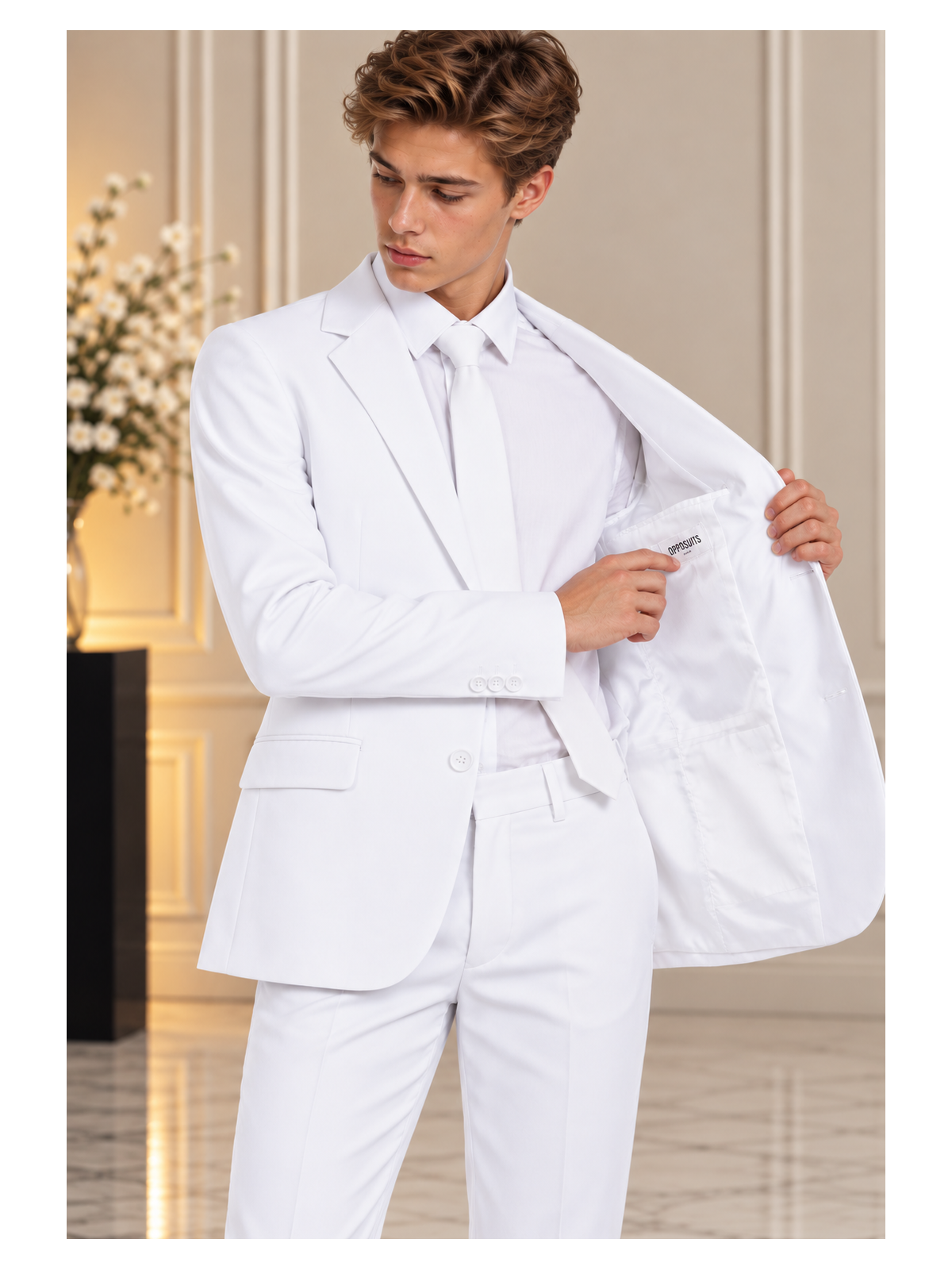 OPPOSUITS GARNITUR CHŁOPIĘCY BIAŁY GŁADKI WHITE KNIGHT 3-CZĘŚCIOWY MARYNARKA , SPODNIE I KRAWAT OSTB-0009