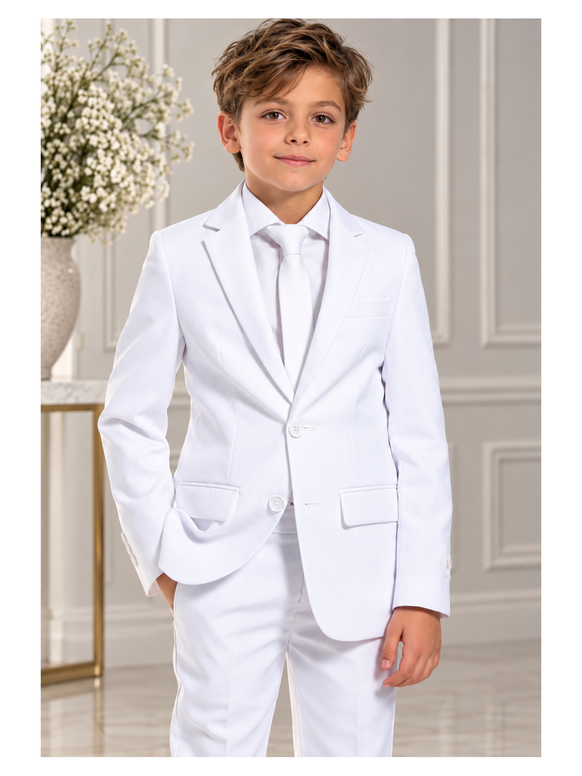OPPOSUITS GARNITUR DLA CHŁOPCA BIAŁY GŁADKI WHITE KNIGHT 3-CZĘŚCIOWY MARYNARKA, SPODNIE I KRAWAT OSTB-0009