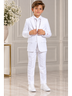 OPPOSUITS GARNITUR DLA CHŁOPCA BIAŁY GŁADKI WHITE KNIGHT 3-CZĘŚCIOWY MARYNARKA, SPODNIE I KRAWAT OSTB-0009