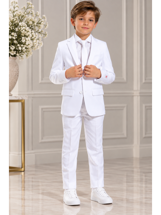 OPPOSUITS GARNITUR DLA CHŁOPCA BIAŁY GŁADKI WHITE KNIGHT 3-CZĘŚCIOWY MARYNARKA, SPODNIE I KRAWAT OSTB-0009