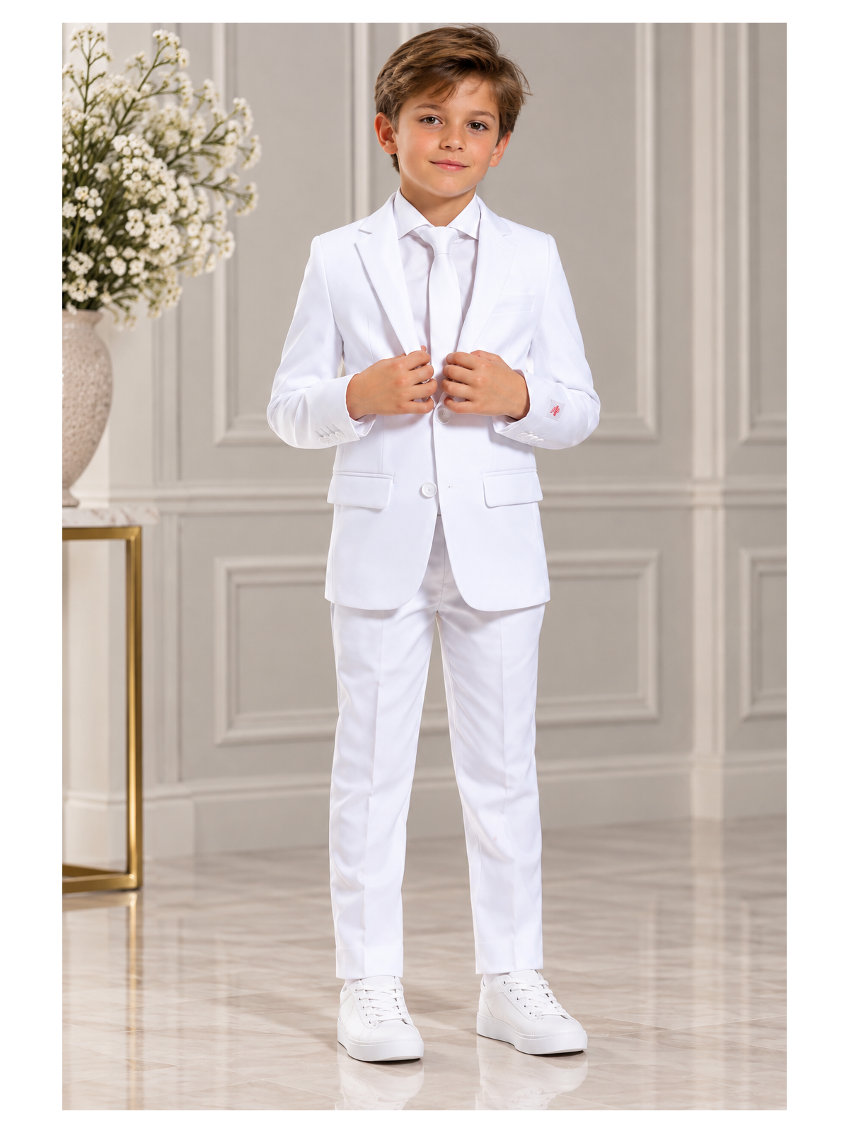 OPPOSUITS GARNITUR DLA CHŁOPCA BIAŁY GŁADKI WHITE KNIGHT 3-CZĘŚCIOWY MARYNARKA, SPODNIE I KRAWAT OSTB-0009