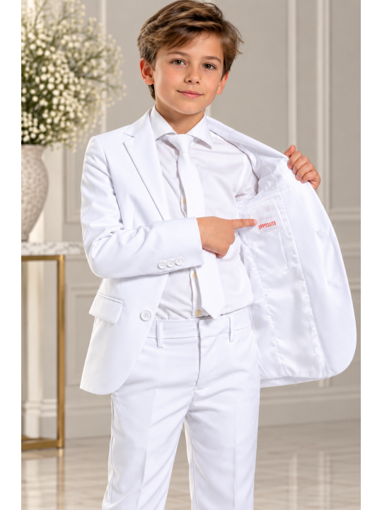 OPPOSUITS GARNITUR DLA CHŁOPCA BIAŁY GŁADKI WHITE KNIGHT 3-CZĘŚCIOWY MARYNARKA, SPODNIE I KRAWAT OSTB-0009