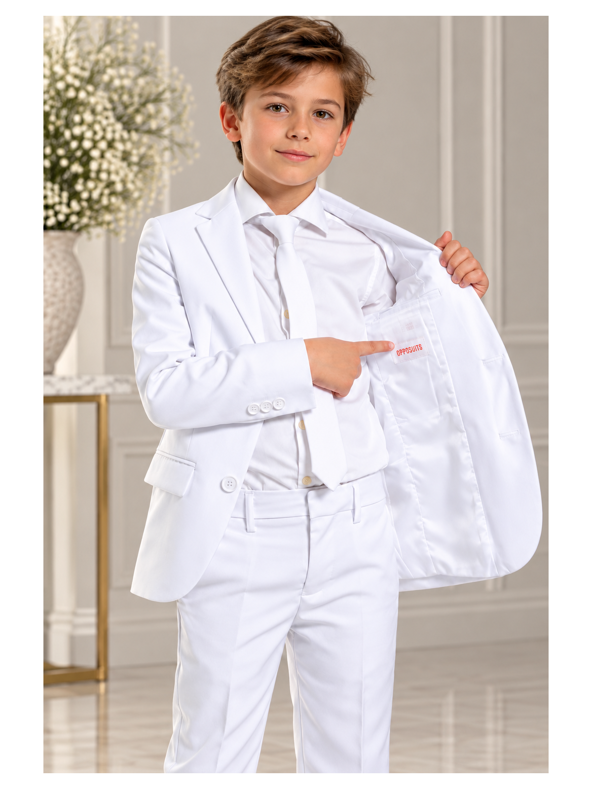 OPPOSUITS GARNITUR DLA CHŁOPCA BIAŁY GŁADKI WHITE KNIGHT 3-CZĘŚCIOWY MARYNARKA, SPODNIE I KRAWAT OSTB-0009