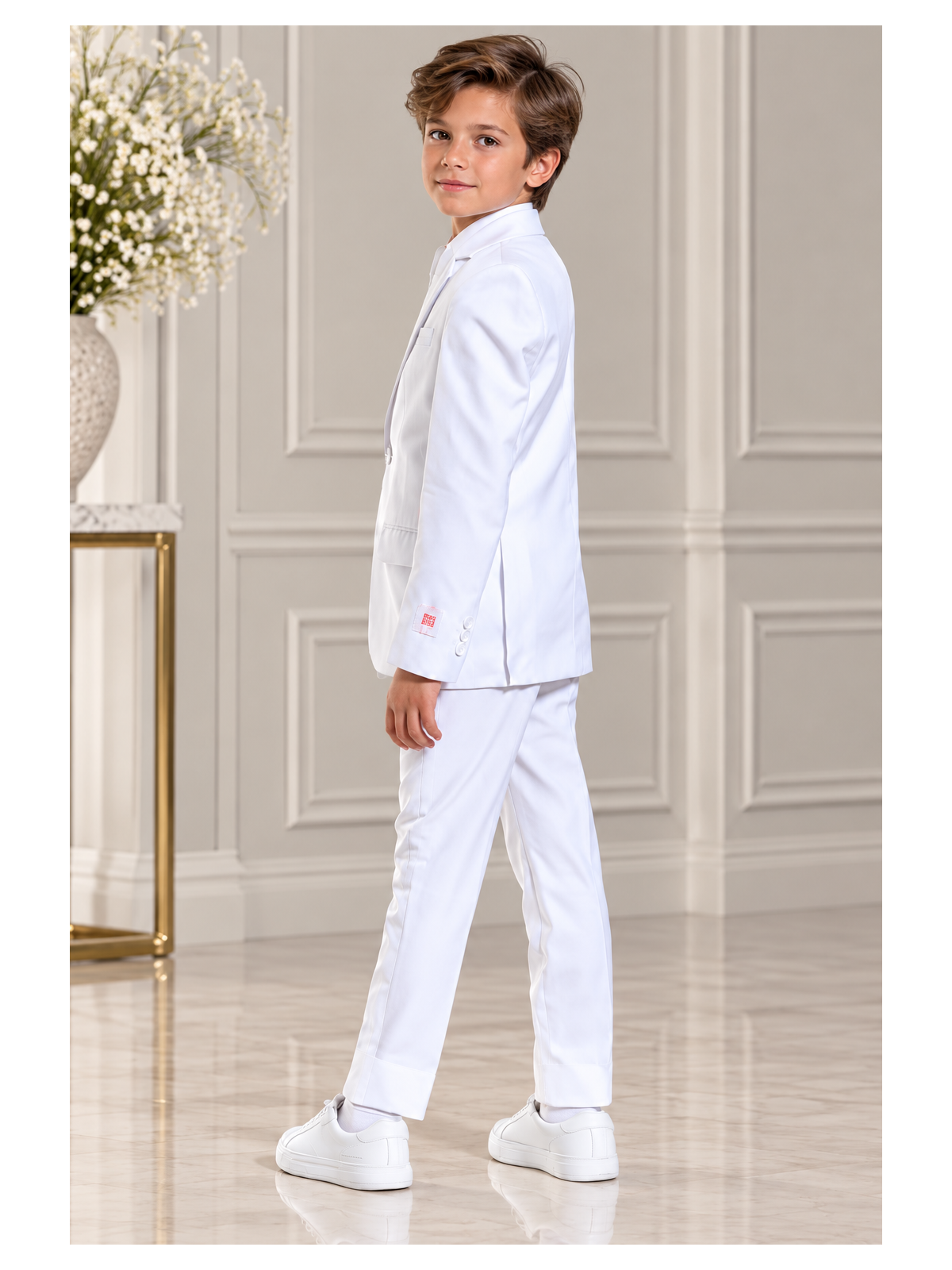 OPPOSUITS GARNITUR DLA CHŁOPCA BIAŁY GŁADKI WHITE KNIGHT 3-CZĘŚCIOWY MARYNARKA, SPODNIE I KRAWAT OSTB-0009