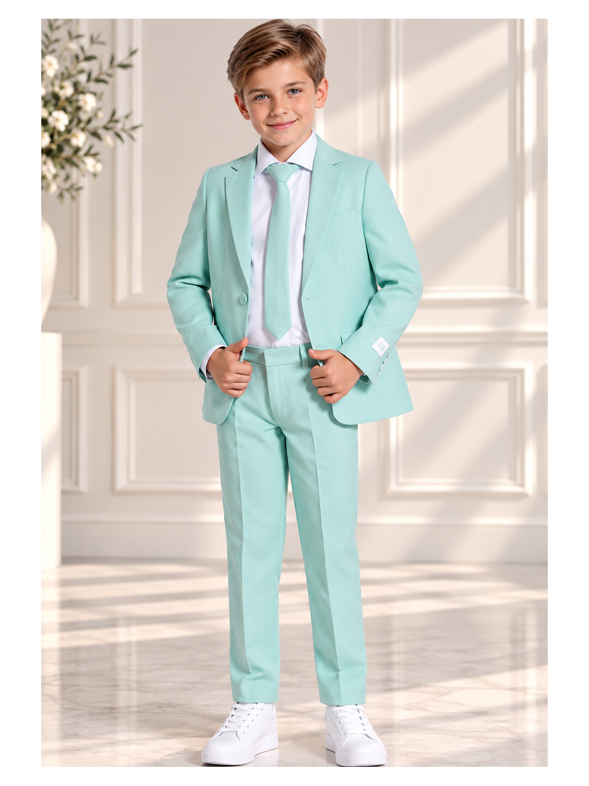 OPPOSUITS GARNITUR DLA CHŁOPCA KOLOR MIĘTOWY GŁADKI MAGIC MINT 3-CZĘŚCIOWY MARYNARKA, SPODNIE I KRAWAT OSBO-1019