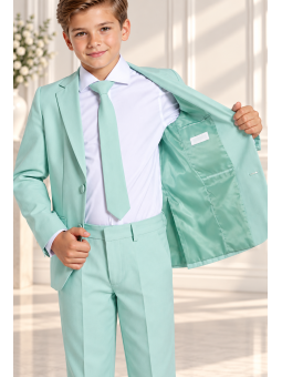 OPPOSUITS GARNITUR DLA CHŁOPCA KOLOR MIĘTOWY GŁADKI MAGIC MINT 3-CZĘŚCIOWY MARYNARKA, SPODNIE I KRAWAT OSBO-1019