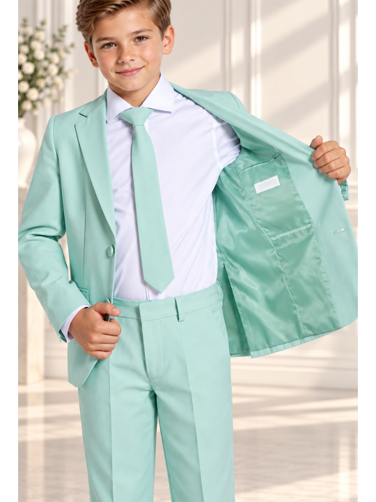 OPPOSUITS GARNITUR DLA CHŁOPCA KOLOR MIĘTOWY GŁADKI MAGIC MINT 3-CZĘŚCIOWY MARYNARKA, SPODNIE I KRAWAT OSBO-1019