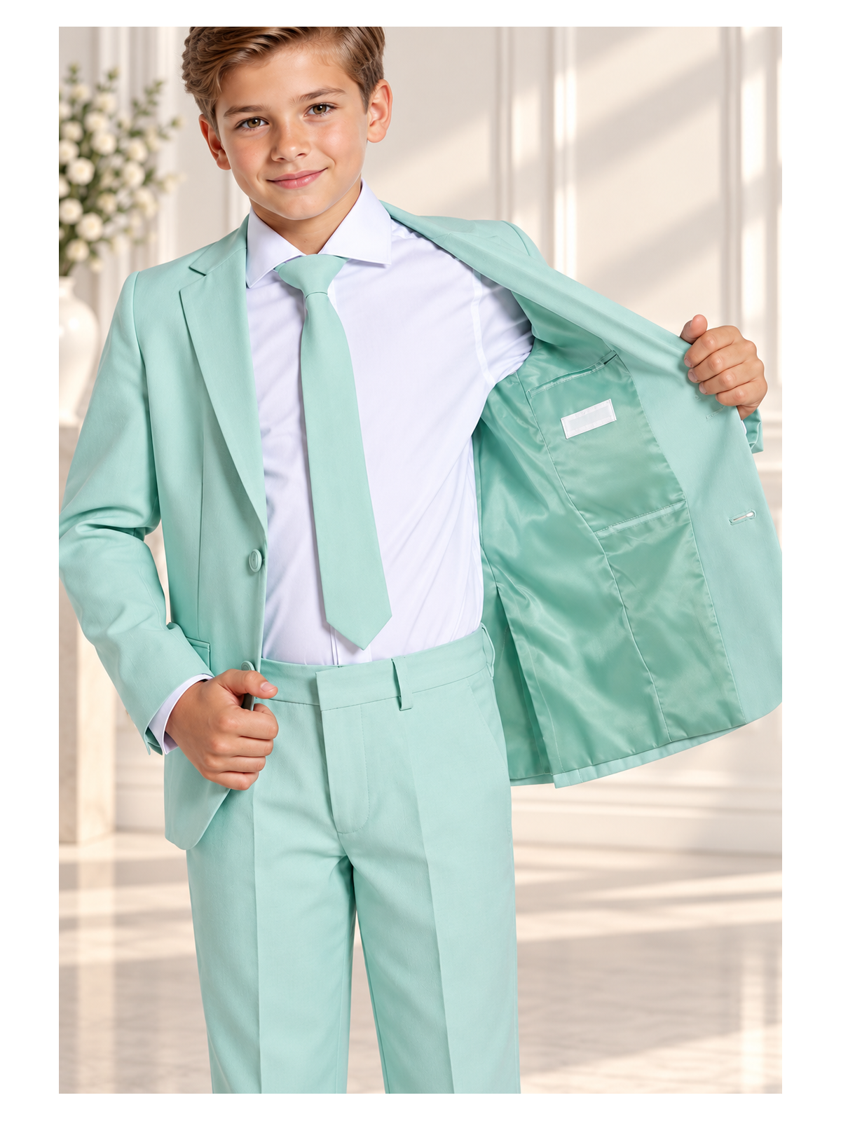OPPOSUITS GARNITUR DLA CHŁOPCA KOLOR MIĘTOWY GŁADKI MAGIC MINT 3-CZĘŚCIOWY MARYNARKA, SPODNIE I KRAWAT OSBO-1019