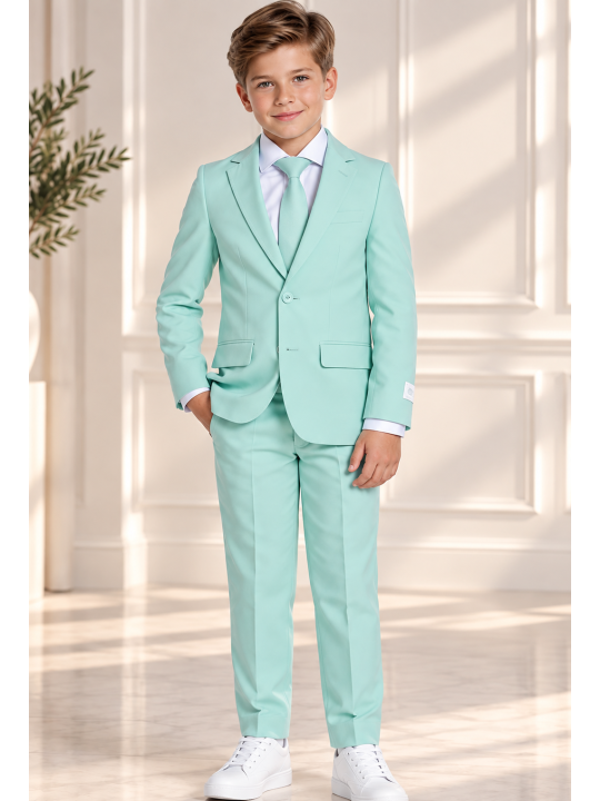 OPPOSUITS GARNITUR DLA CHŁOPCA KOLOR MIĘTOWY GŁADKI MAGIC MINT 3-CZĘŚCIOWY MARYNARKA, SPODNIE I KRAWAT OSBO-1019