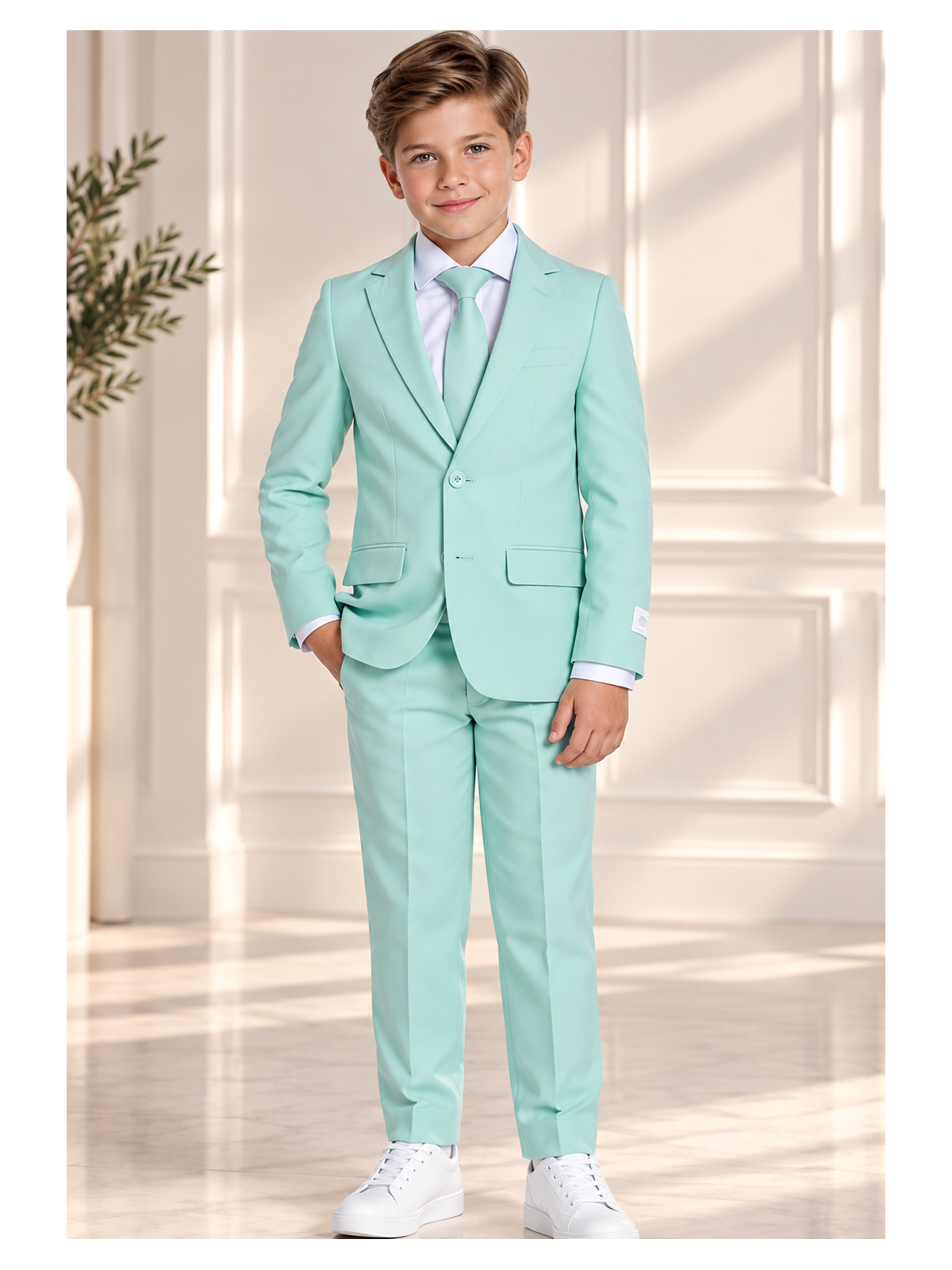 OPPOSUITS GARNITUR DLA CHŁOPCA KOLOR MIĘTOWY GŁADKI MAGIC MINT 3-CZĘŚCIOWY MARYNARKA, SPODNIE I KRAWAT OSBO-1019