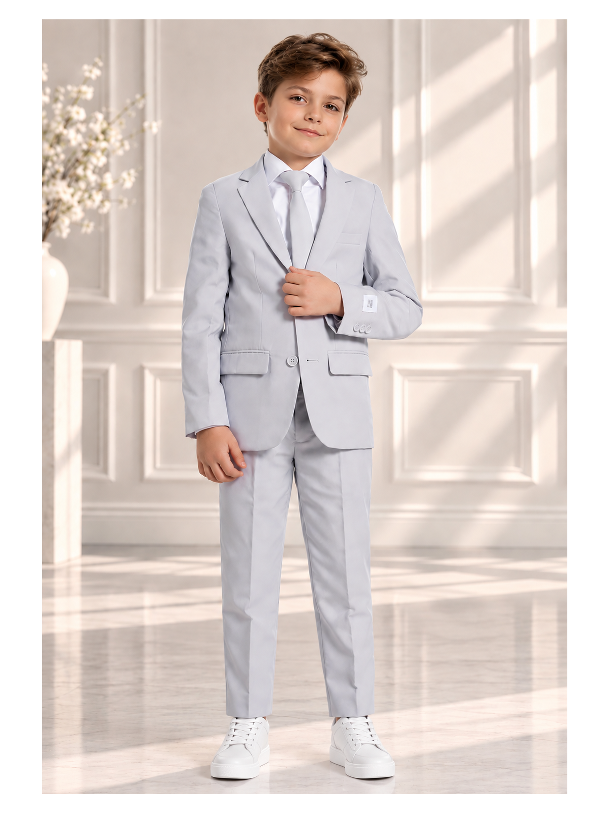 OPPOSUITS GARNITUR DLA CHŁOPCA  SZARY GŁADKI GROOVY GREY 3-CZĘŚCIOWY MARYNARKA , SPODNIE I KRAWAT OSBO-0021