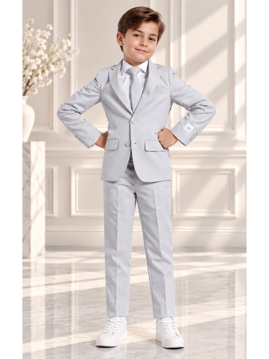 OPPOSUITS GARNITUR DLA CHŁOPCA  SZARY GŁADKI GROOVY GREY 3-CZĘŚCIOWY MARYNARKA , SPODNIE I KRAWAT OSBO-0021