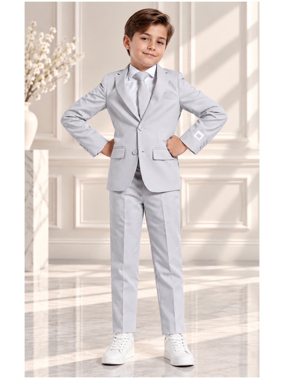 OPPOSUITS GARNITUR DLA CHŁOPCA  SZARY GŁADKI GROOVY GREY 3-CZĘŚCIOWY MARYNARKA , SPODNIE I KRAWAT OSBO-0021