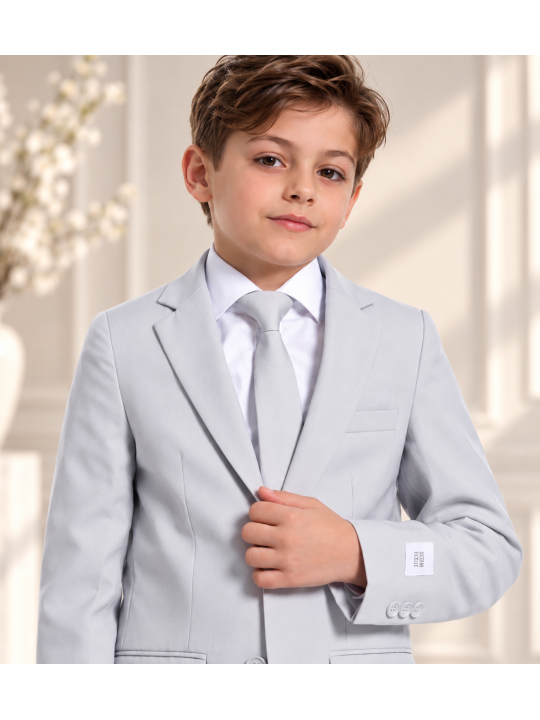 OPPOSUITS GARNITUR DLA CHŁOPCA  SZARY GŁADKI GROOVY GREY 3-CZĘŚCIOWY MARYNARKA , SPODNIE I KRAWAT OSBO-0021