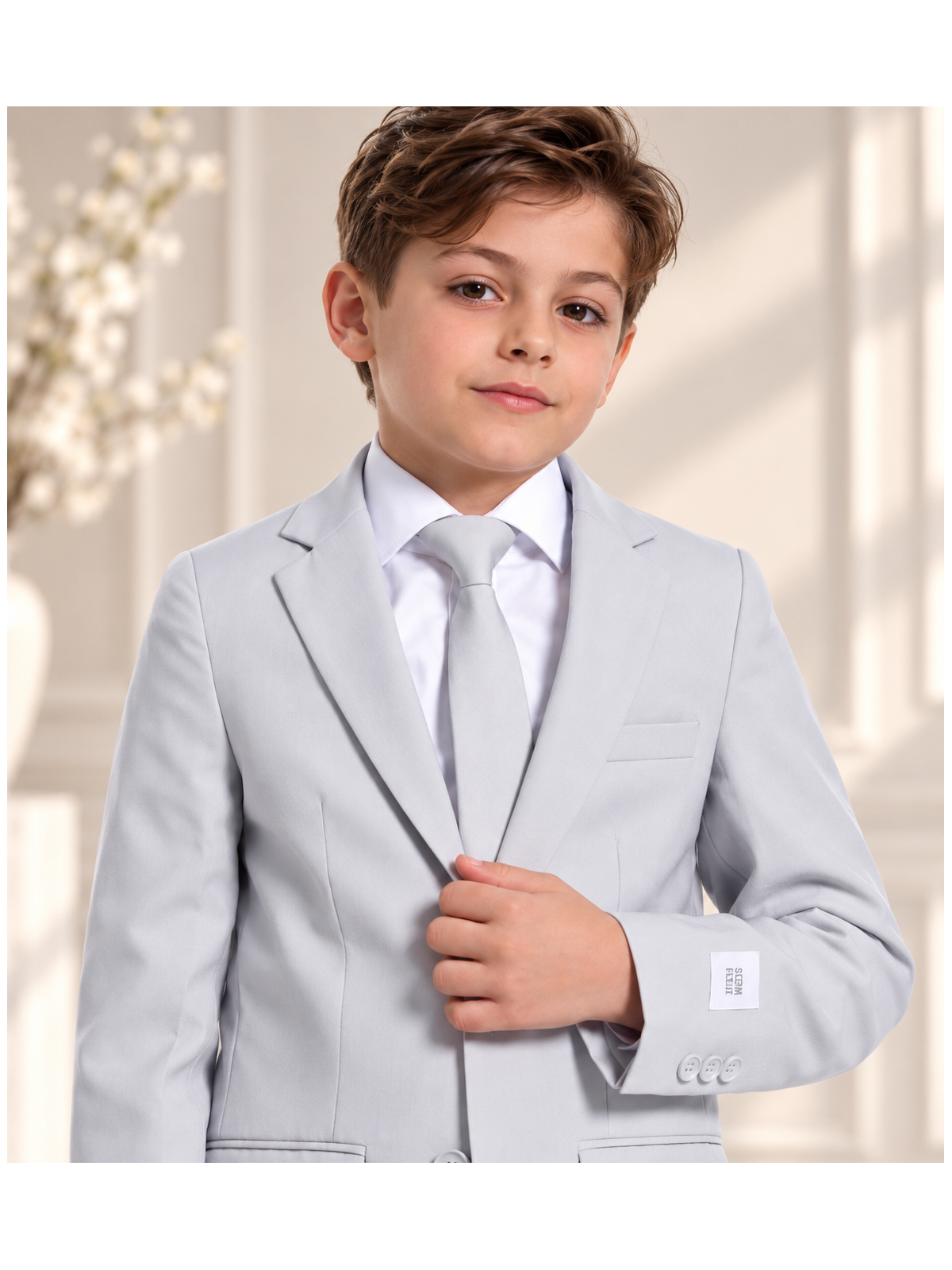 OPPOSUITS GARNITUR DLA CHŁOPCA  SZARY GŁADKI GROOVY GREY 3-CZĘŚCIOWY MARYNARKA , SPODNIE I KRAWAT OSBO-0021
