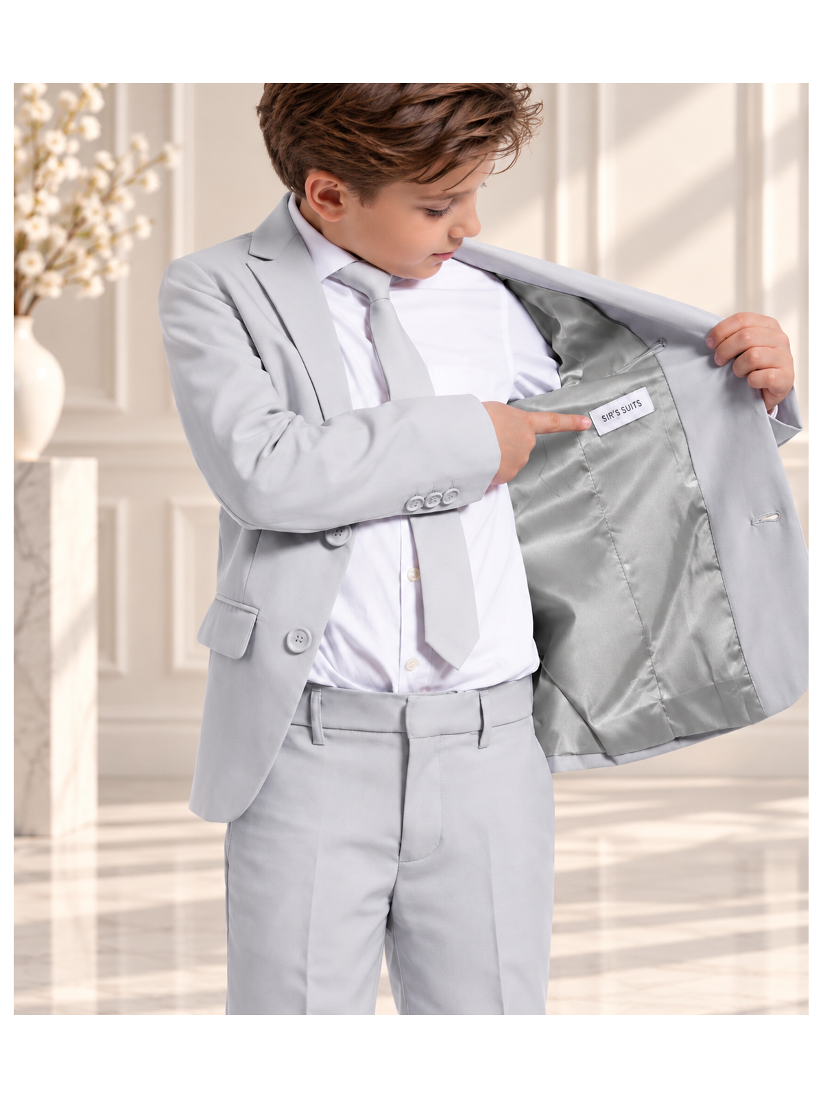 OPPOSUITS GARNITUR DLA CHŁOPCA  SZARY GŁADKI GROOVY GREY 3-CZĘŚCIOWY MARYNARKA , SPODNIE I KRAWAT OSBO-0021