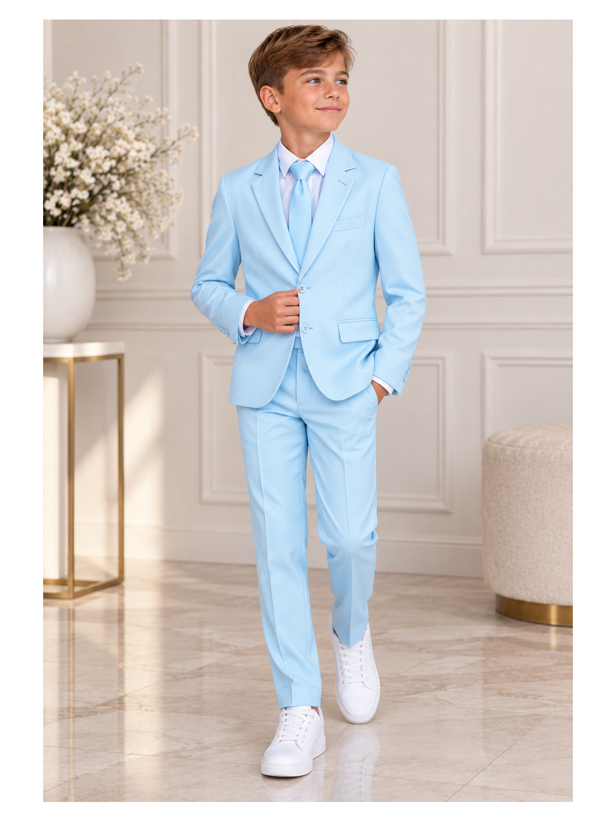 OPPOSUITS GARNITUR DLA CHŁOPCA BŁĘKITNY GŁADKI COOL BLUE 3-CZĘŚCIOWY MARYNARKA , SPODNIE I KARAWAT OSTB-1001