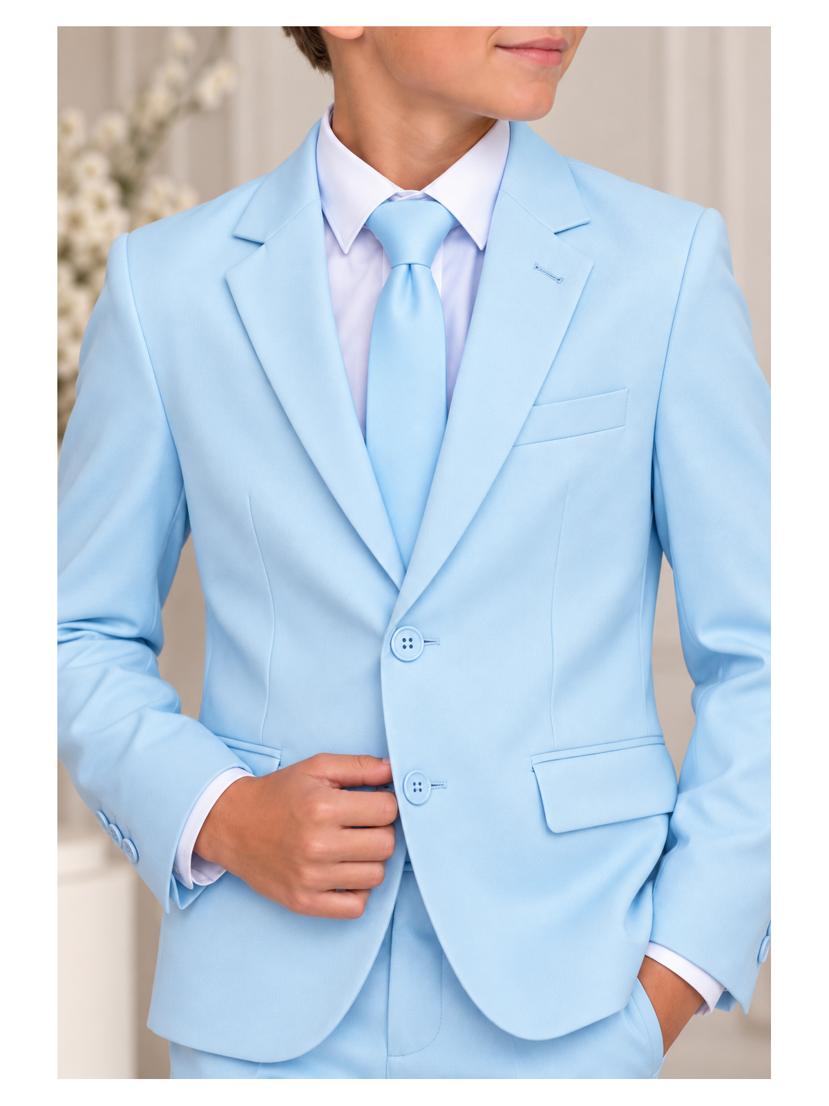 OPPOSUITS GARNITUR DLA CHŁOPCA BŁĘKITNY GŁADKI COOL BLUE 3-CZĘŚCIOWY MARYNARKA , SPODNIE I KARAWAT OSTB-1001