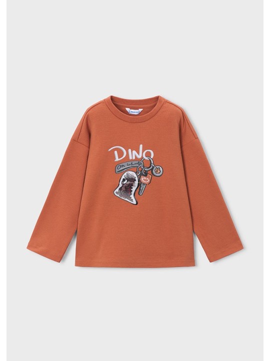 MAYORAL POMARAŃCZOWA BLUZKA CHŁOPIĘCA Z DŁUGIM RĘKAWEM "DINO IN WHEELS" 4010/18