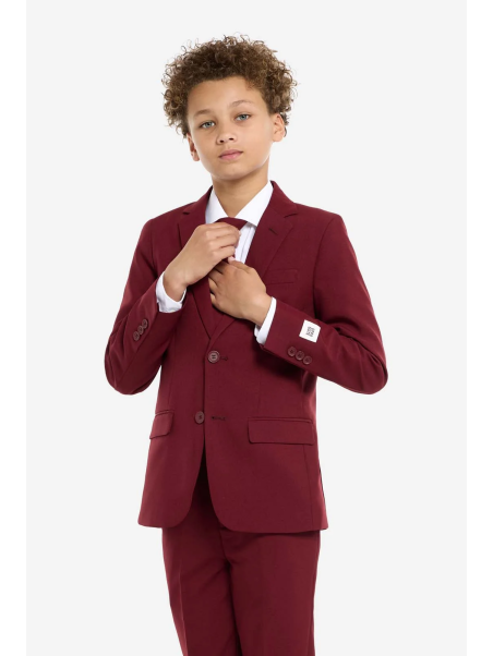 OPPOSUITS GARNITUR CHŁOPIĘCY BORDOWY GŁADKI BLAZING BURGUNDY  3-CZĘŚCIOWY MARYNARKA , SPODNIE I KRAWAT OSTB-1011