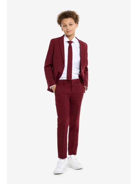 OPPOSUITS GARNITUR CHŁOPIĘCY BORDOWY GŁADKI BLAZING BURGUNDY  3-CZĘŚCIOWY MARYNARKA , SPODNIE I KRAWAT OSTB-1011
