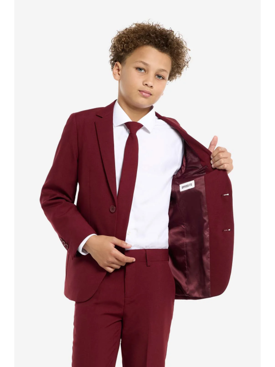 OPPOSUITS GARNITUR CHŁOPIĘCY BORDOWY GŁADKI BLAZING BURGUNDY  3-CZĘŚCIOWY MARYNARKA , SPODNIE I KRAWAT OSTB-1011