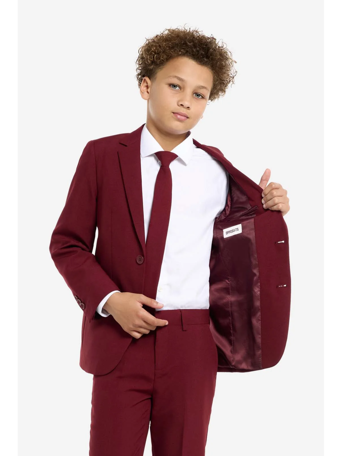 OPPOSUITS GARNITUR CHŁOPIĘCY BORDOWY GŁADKI BLAZING BURGUNDY  3-CZĘŚCIOWY MARYNARKA , SPODNIE I KRAWAT OSTB-1011