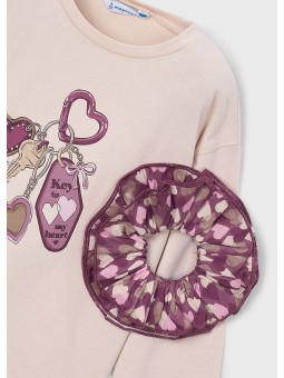 MAYORAL KREMOWA BLUZKA DZIEWCZĘCA Z GRAFIKĄ "KEY MY HEART " I DOPASOWANĄ GUMKĄ SCRUNCHIE 4028/80