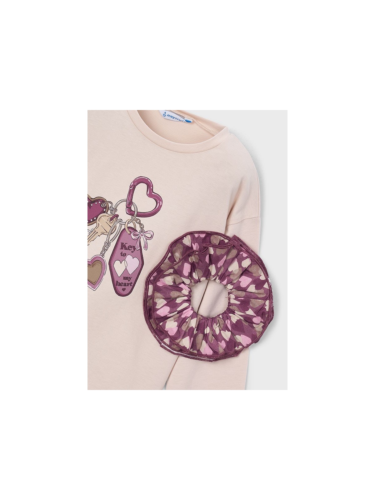 MAYORAL KREMOWA BLUZKA DZIEWCZĘCA Z GRAFIKĄ "KEY MY HEART " I DOPASOWANĄ GUMKĄ SCRUNCHIE 4028/80