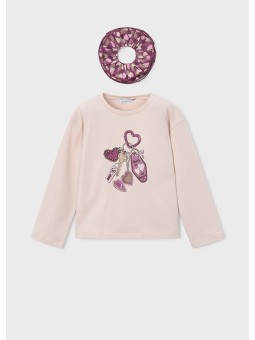 MAYORAL KREMOWA BLUZKA DZIEWCZĘCA Z GRAFIKĄ "KEY MY HEART " I DOPASOWANĄ GUMKĄ SCRUNCHIE 4028/80