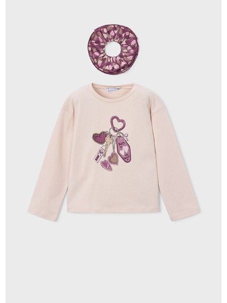 MAYORAL KREMOWA BLUZKA DZIEWCZĘCA Z GRAFIKĄ "KEY MY HEART " I DOPASOWANĄ GUMKĄ SCRUNCHIE 4028/80