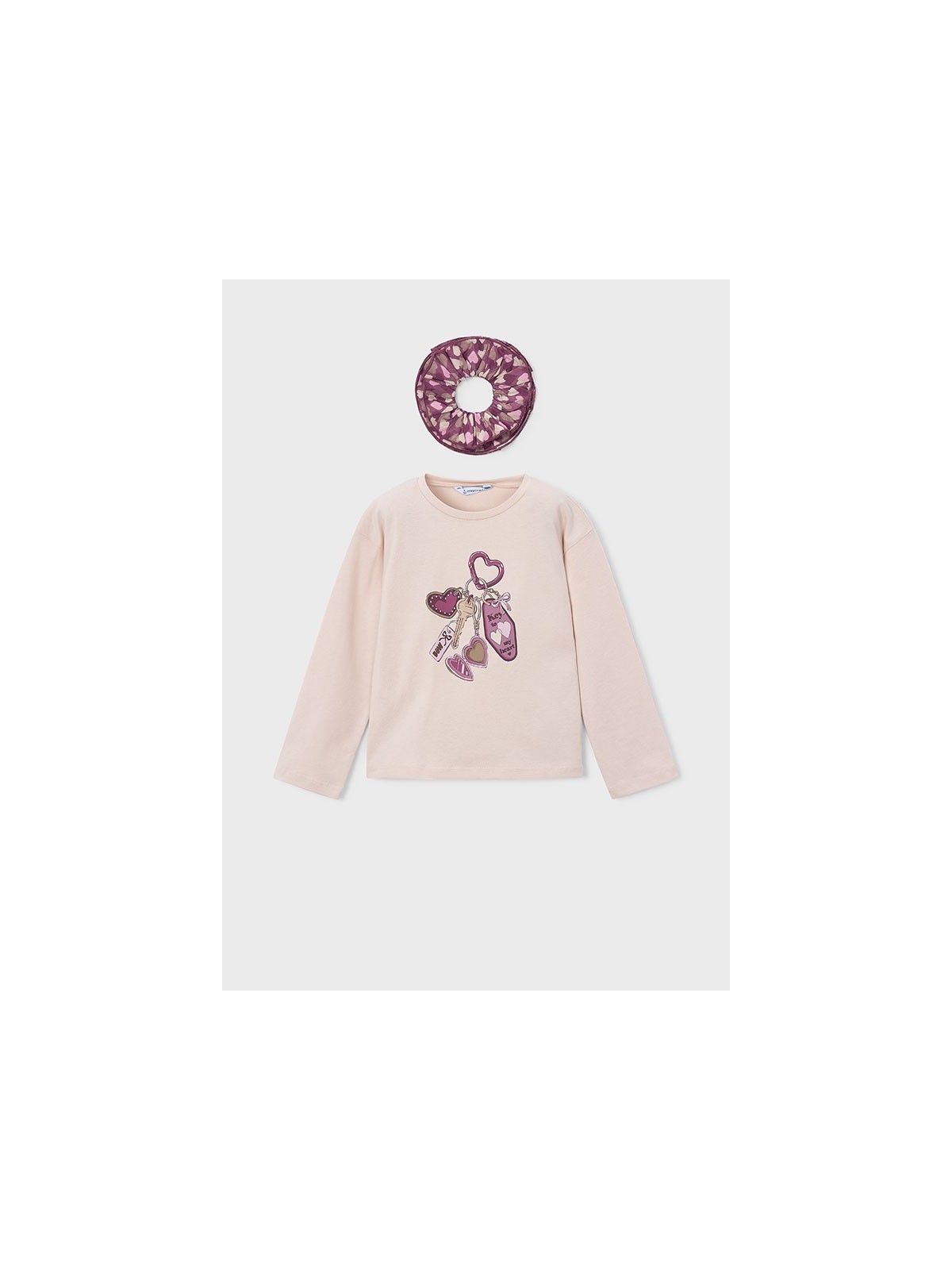 MAYORAL KREMOWA BLUZKA DZIEWCZĘCA Z GRAFIKĄ "KEY MY HEART " I DOPASOWANĄ GUMKĄ SCRUNCHIE 4028/80