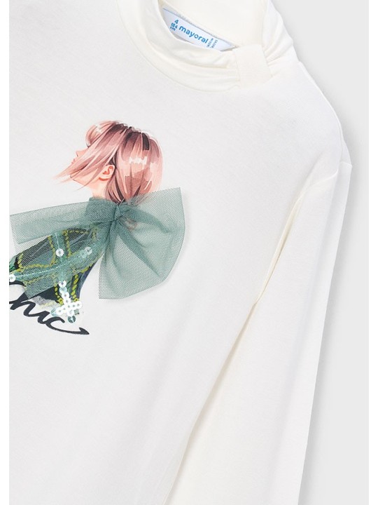 MAYORAL ELEGANCKA BLUZKA DZIEWCZĘCA Z GRAFIKĄ I TIULOWĄ KOKARDĄ  KREMOWA 4001/95
