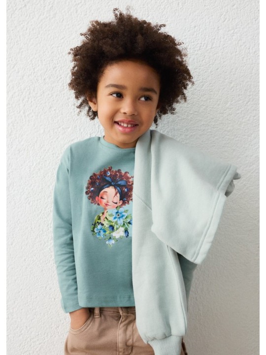 MAYORAL BAWEŁNIANA KOSZULKA DZIĘWCZĘCA Z DŁUGIM RĘKAWEM ZIELONA Z NADRUKIEM DZIEWCZYNKI I KWIATÓW 4003/64