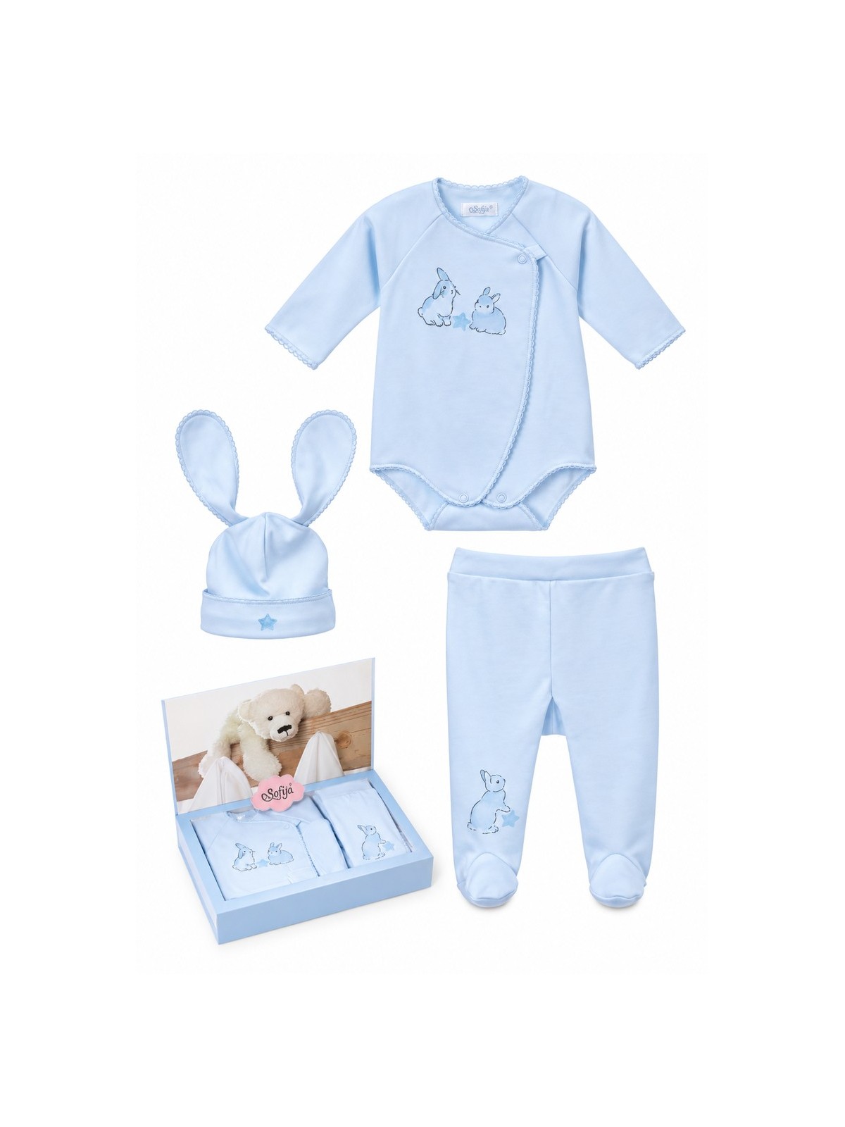 SOFIJA WYPRAWKA KOMPLET DLA NIEMOWLĘCIA CHŁOPCA 3-CZĘŚCIOWY BODY, CZAPKA I PÓŁŚPIOCHY SE-69043B